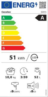 Cecotec Lavadora 10Kg Carga Frontal Bolero Dresscode 10500 Inverter Steel A, 1950W, 1400 rpm, Motor Inverter Plus, Bajo Consumo, 16 Programas, Lavado a Vapor, Inicio Diferido, Acero [Clase energética A]