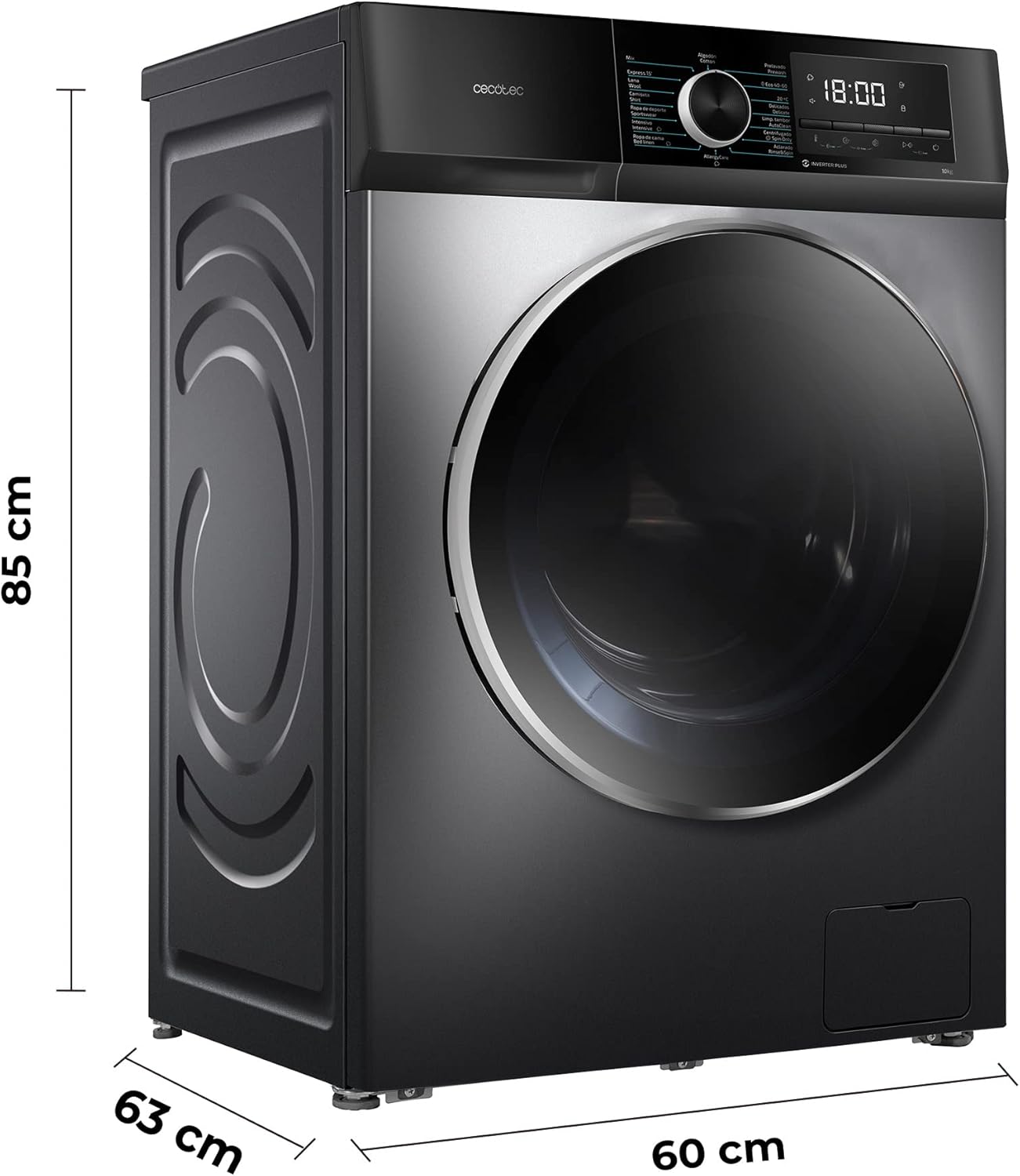 Cecotec Lavadora 10Kg Carga Frontal Bolero Dresscode 10500 Inverter Steel A, 1950W, 1400 rpm, Motor Inverter Plus, Bajo Consumo, 16 Programas, Lavado a Vapor, Inicio Diferido, Acero [Clase energética A]